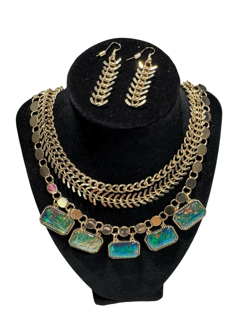 Mika Gold-Tone Layered Necklace with Iridescent Green Stones & Matching Earrings